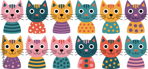 A delightful lineup of fifteen charming cartoon cats each sporting a distinct colorful patterned shirt