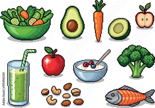 A vibrant pixel art collection of healthy foods and a refreshing green smoothie, showcasing fresh produce, nuts, and a wholesome breakfast bowl, perfect for wellness and healthy eating themes