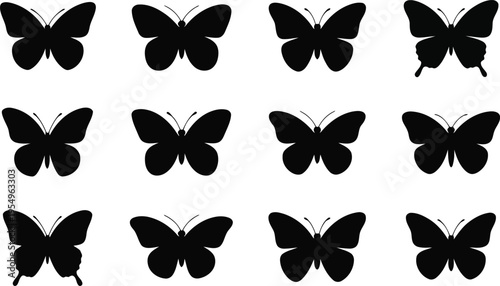 A diverse assortment of twelve black butterfly silhouettes with subtle variations and minimal wing details on white