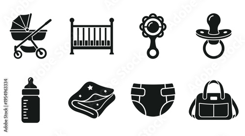 Baby Essentials Vector Icons – Stroller, Crib, Rattle, Pacifier & Diaper Bag