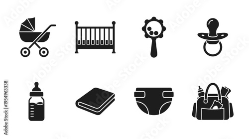 Baby Essentials Vector Icons – Stroller, Crib, Rattle, Pacifier & Diaper Bag