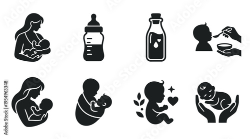 Infant Feeding Vector Icons – Breastfeeding, Bottle Feeding & Maternal Care