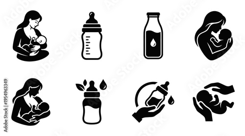 Infant Feeding Vector Icons – Breastfeeding, Bottle Feeding & Maternal Care