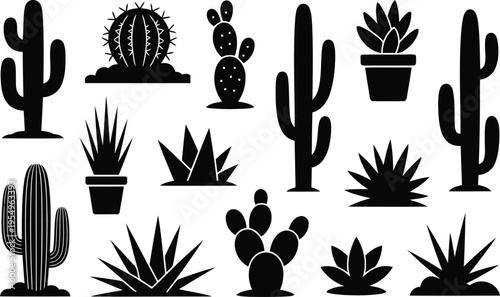 A diverse collection of black cactus and succulent plant silhouettes showing desert flora shapes