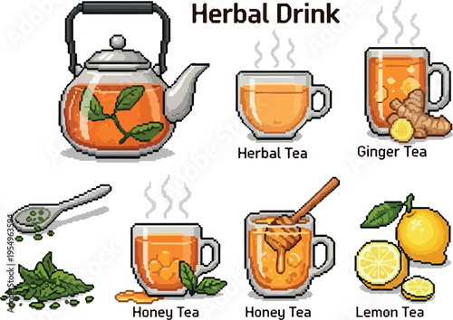 A collection of steaming herbal and fruit-infused beverages, including ginger, lemon, and honey teas, served in teapots and mugs