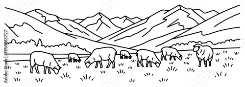 Minimalist line art drawing of a flock of sheep grazing in a vast mountain landscape valley