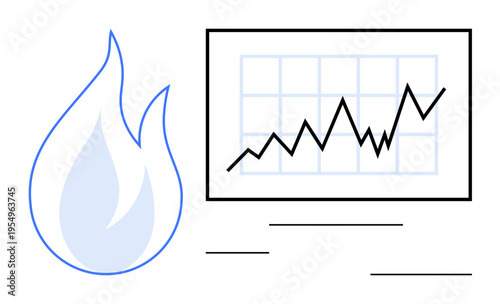 Energy consumption, price trends, business growth, analytics, sustainability, utility monitoring. A flame beside a graph trending upwards. Energy consumption and price trends concept
