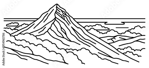 Minimalist line art illustration of a high mountain peak with clouds and nature scenery