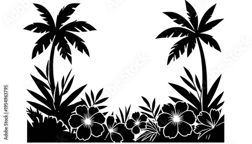 Tropical Palm Tree Floral Silhouette Illustration – Island Beach Plant Scene with Flower for Summer Vacation Design, Exotic Nature Decor, Black Graphic