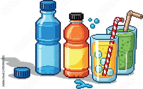 Pixel art illustration of refreshing beverages including water and juice in bottles and glasses, perfect for a retro digital aesthetic