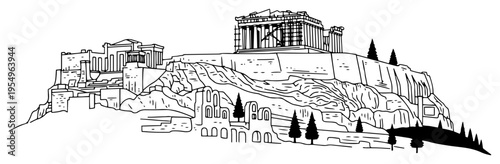Hand drawn line art illustration of the Acropolis of Athens and ancient Parthenon temple in Greece