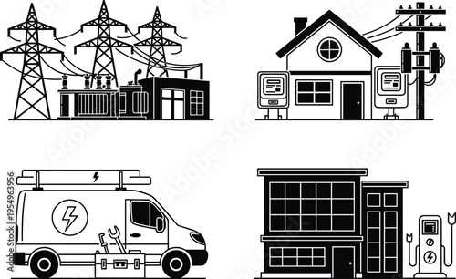 Electricity Infrastructure Vector Set with Power Plant Transmission Towers Electrician Van Charging Station and Residential Power Supply Line Art Icons