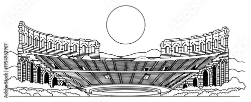 Symmetrical line art illustration of an ancient Roman amphitheater arena under a large sun