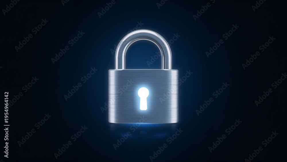 Fototapeta premium Glowing metallic padlock with chrome shackle emitting blue keyhole light in studio, halo reflection