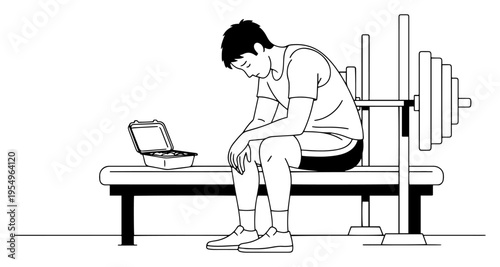 Line art illustration of an exhausted man sitting on a weight bench in a gym