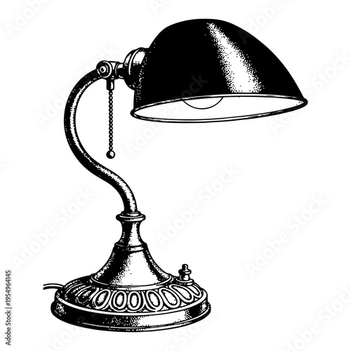 Vintage desk lamp illustration in retro woodcut style with halftone dots shading