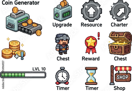 Collection of pixel art game assets including a coin generator, characters, items, UI elements, and a shop
