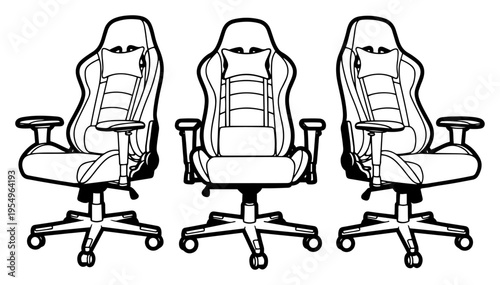Minimalist line art illustration of ergonomic gaming chairs shown from different angles