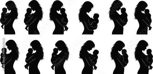 Mother holding baby silhouette illustration set, nurturing motherhood family care artwork, parent child vector design concept