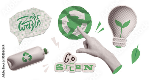 Go green and recycling vintage collage set. Halftone plastic bottle, green energy lightbulb and paper cut text zero waste. Sustainable environment and retro ecology concept vector elements