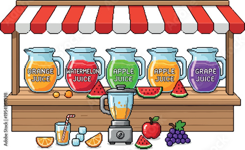 Freshly Squeezed Juices and a Blender on Display at an Outdoor Juice Stand