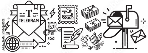 email and postal communication icon set with envelope mailbox stamp delivery bird and document symbols on transparent background