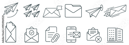 email and message outline icons set with envelope paper plane attachment document and mobile communication symbols on transparent background
