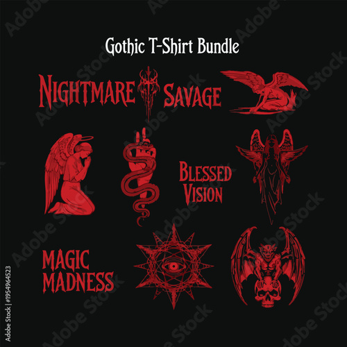 Gothic T- Shirt Bundle with Angels Demons Skulls and Occult Symbols t-shirt graphic