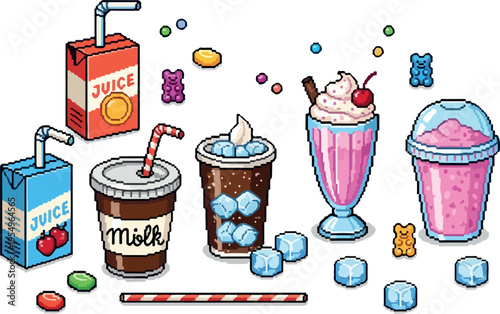 A sweet collection of colorful, pixelated drinks and candies, featuring juice boxes, milk cartons, milkshakes, and icy beverages perfect for a fun, retro-themed design