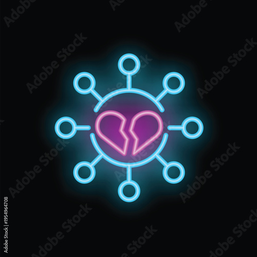 Glowing neon icon representing the concept of heartbreak and break up on social media