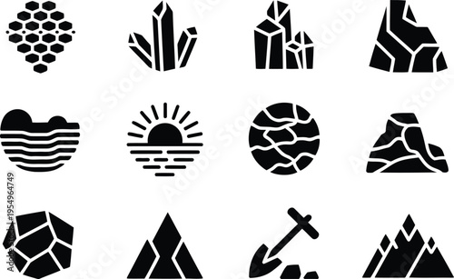 A grid of black silhouette geology and mining related icons on a plain white background