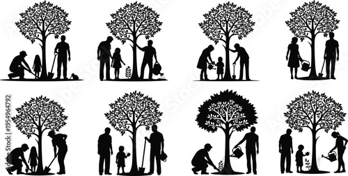 Tree planting environmental stewardship silhouette illustration set, people gardening nature conservation artwork, ecology vector design concept