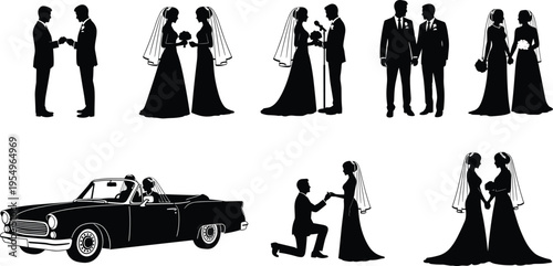 Wedding silhouette collection, romantic outline figure, couple motif illustration, marriage icon art, proposal design graphic, ceremony posture symbol image