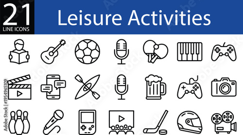 Leisure activities collection of minimalist symbols, linear format including reading, music, sports, gaming, and lifestyle.