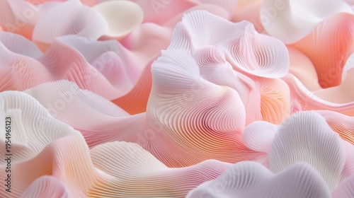 A close-up view of a cluster of delicate, overlapping petal-like structures in shades of pink and white.