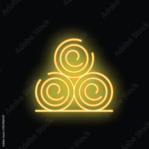 Yellow neon icon of three hay bales glowing on black background is a minimalist vector illustration