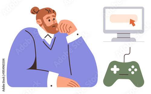 Gaming addiction, online entertainment, focus, decision-making, lifestyle choices, screen time balance. A young man thinking beside a computer and gaming controller. Gaming addiction and online