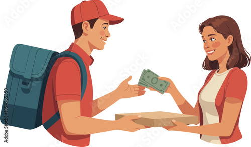 A male delivery person hands a generic package box to a female customer paying with cash