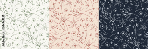 Set of seamless floral patterns with hand drawn ranunculus and buttercup flowers. Botanical line art vector illustration collection in pastel, terracotta, and dark navy colors for textile, wallpaper.