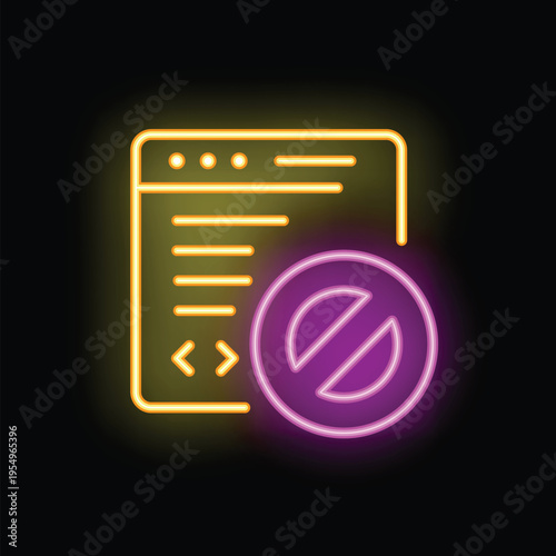 Glowing neon icon of a webpage being blocked, indicating a canceled or inaccessible internet site