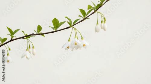 Branch with delicate white flowers and green leaves against light background  