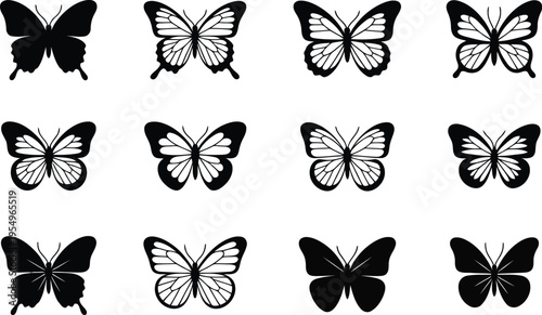A neat array of twelve intricately patterned butterfly outlines with detailed wings displayed on a pure white canvas
