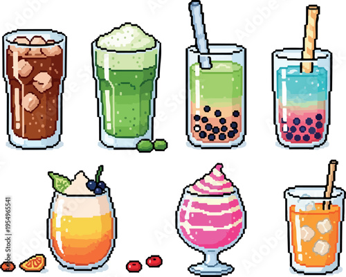 Pixel art collection of diverse refreshing beverages, including iced coffee, matcha, bubble tea, and fruit drinks