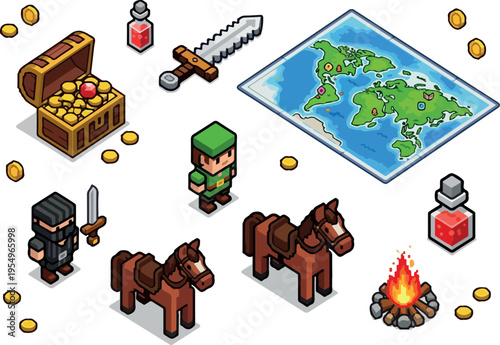 Collection of Isometric Fantasy Adventure Game Assets Characters, Map, Treasure, and Campfire