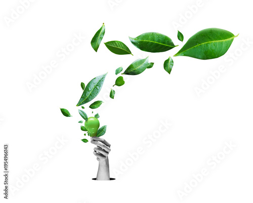 Flying green leaves and and lightbulb on isolated free png background. Environment and ecology backdrop concept.