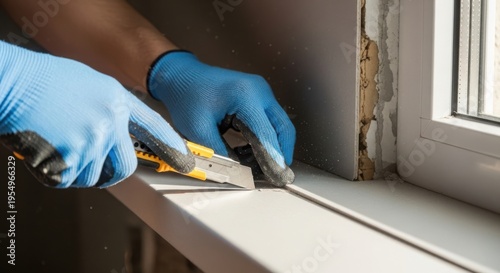 Hand using utility knife for home repair with blue gloves, cutting edge near window frame. Home repair includes careful measurements and precise cutting for maintaining quality finish.