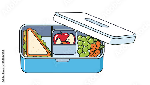 Colorful lunchbox with sandwich apple grapes and carrots inside