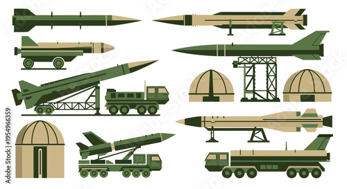 Military Missile Defense System Vector Illustration Set with Ballistic Rockets, Tactical Launch Vehicles, and Army Nuclear Silos in Flat Design Style
