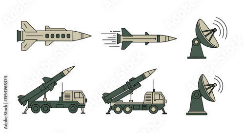 Military Missile Defense System Icons: Mobile Rocket Launchers and Radar Surveillance Illustrations