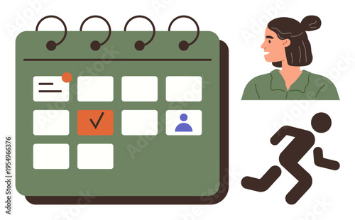 Productivity, scheduling, time management, teamwork, personal organization, fitness tracking. Calendar with icons, a female profile and a running figure. Productivity and scheduling concept